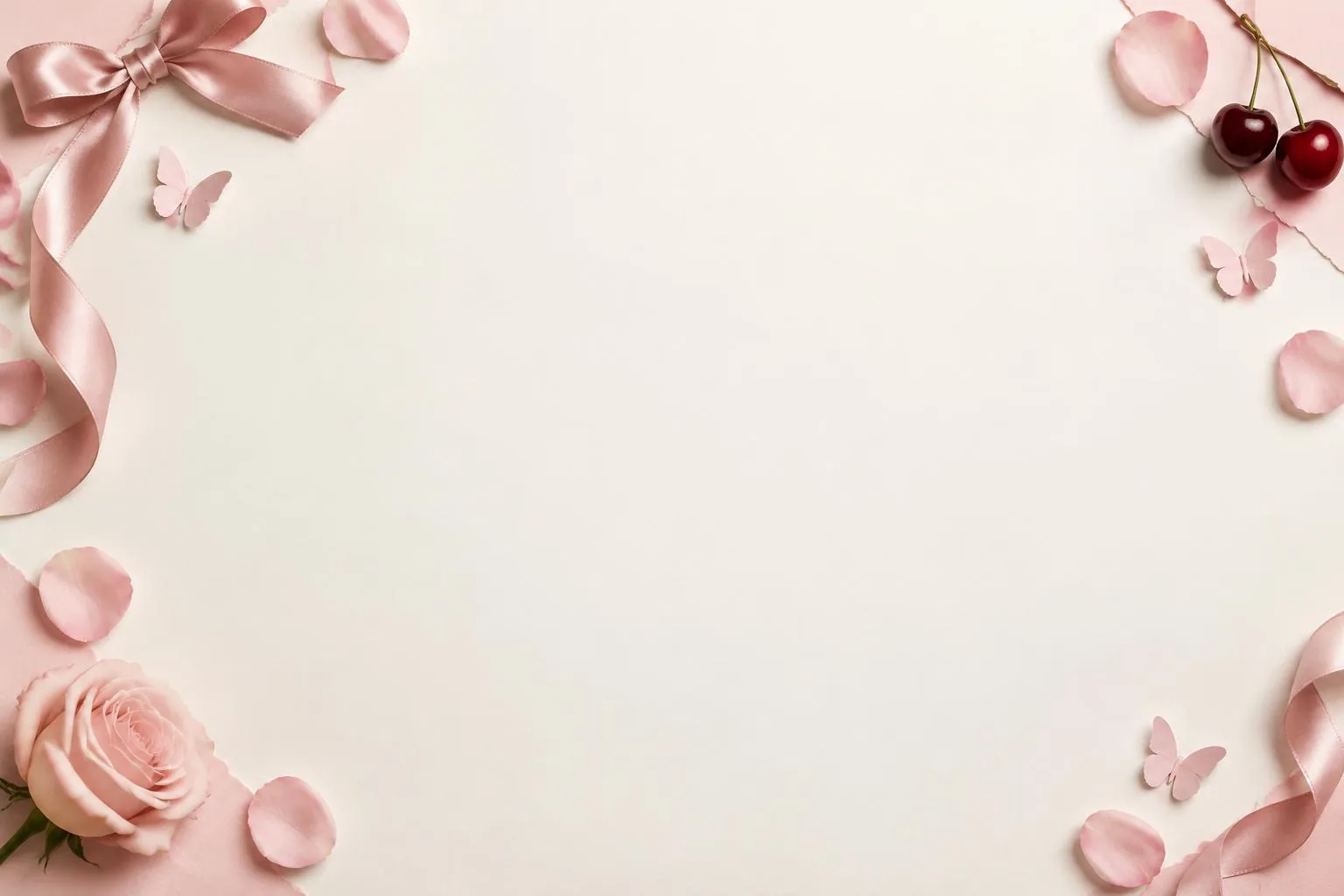 Blush satin ribbons, paper butterflies, rose petals and cherries on cream stationery